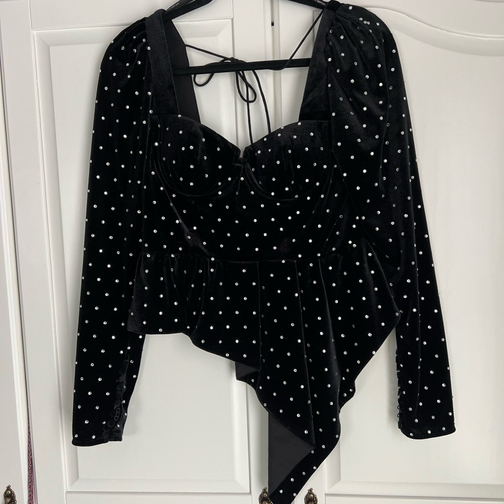 Self-Portrait Black Velvet Bodysuit with White Polka Dots